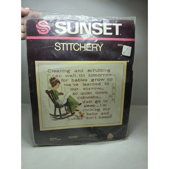 1977 Sunset Stitchery Babies Don't Keep Cross Stitch Kit 11" x 14" Davis #2654 - Picture 1 of 3